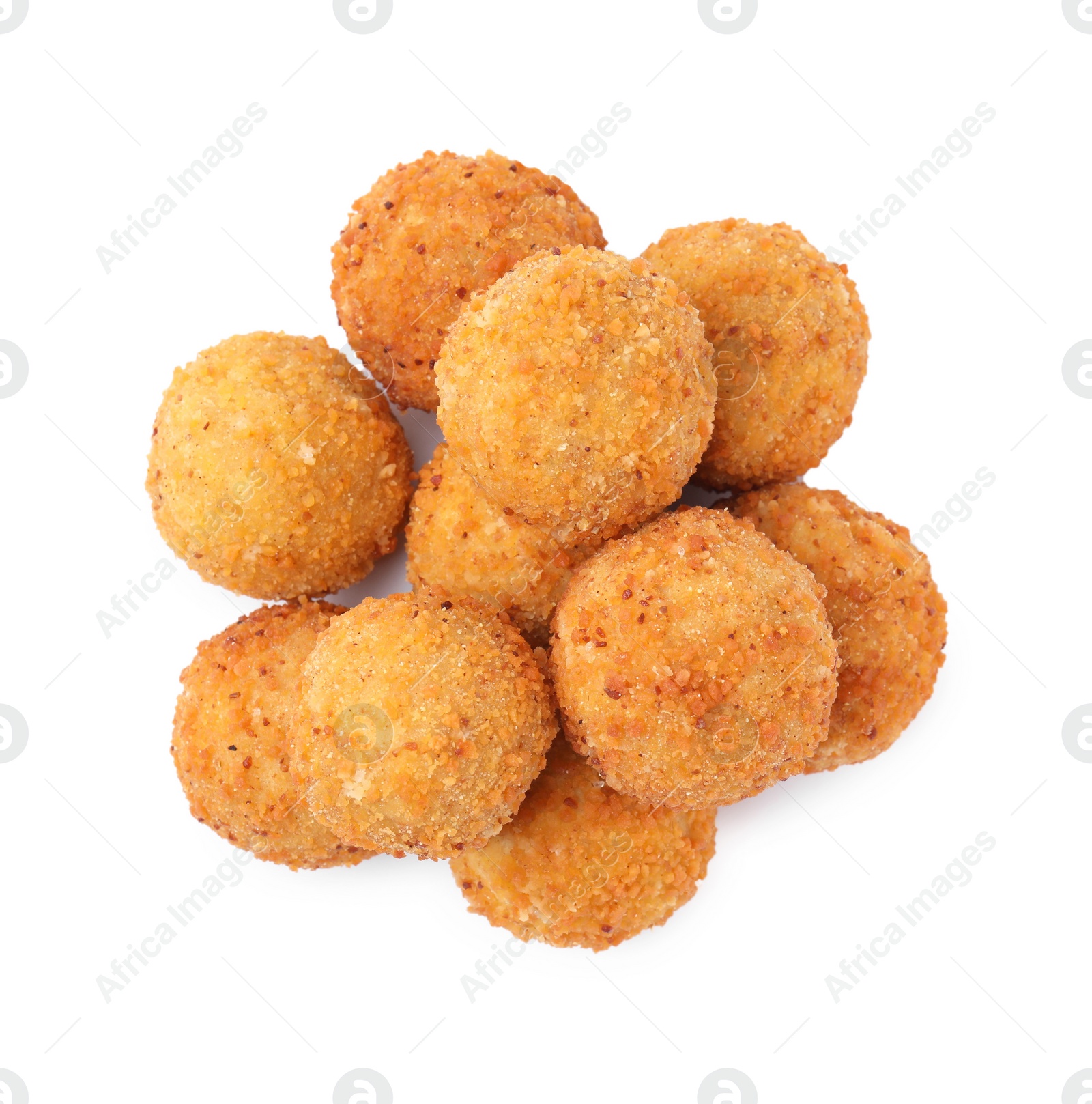 Photo of Pile of delicious fried tofu balls on white background, top view