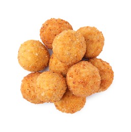 Photo of Pile of delicious fried tofu balls on white background, top view