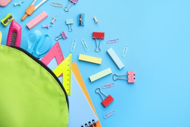 Photo of Back to school. Many different school stationery on light blue background, flat lay. Space for text