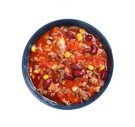 Photo of Bowl with tasty chili con carne on white background, top view