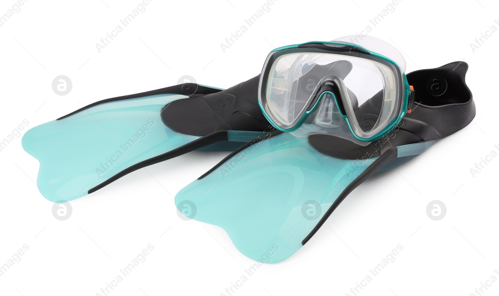 Photo of Pair of flippers and diving mask isolated on white. Sports equipment