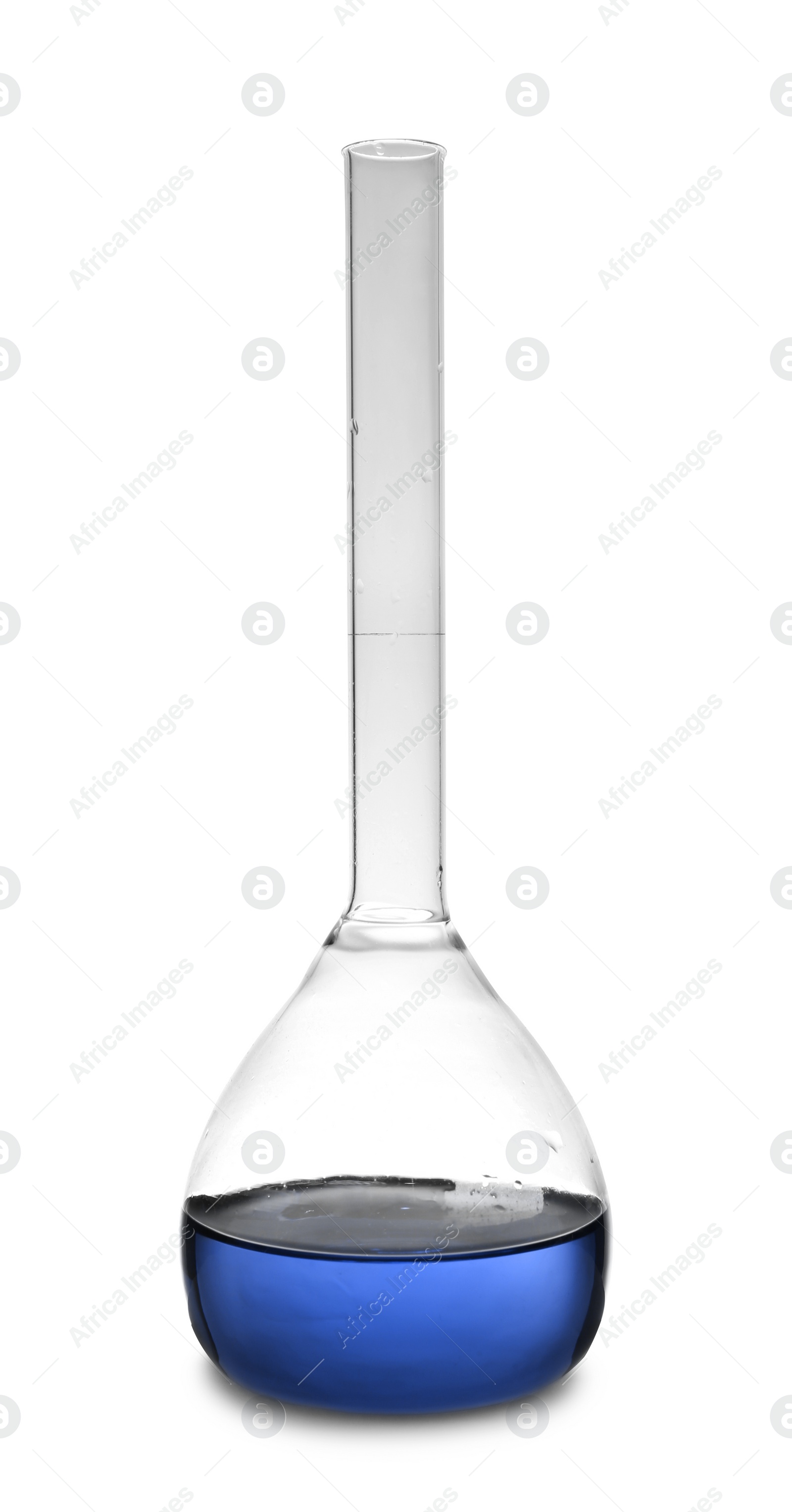 Image of Measuring flask with blue liquid isolated on white. Laboratory glassware