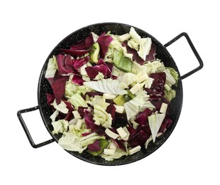 Photo of Delicious salad with Chinese cabbage, bell pepper and suluguni cheese isolated on white, top view