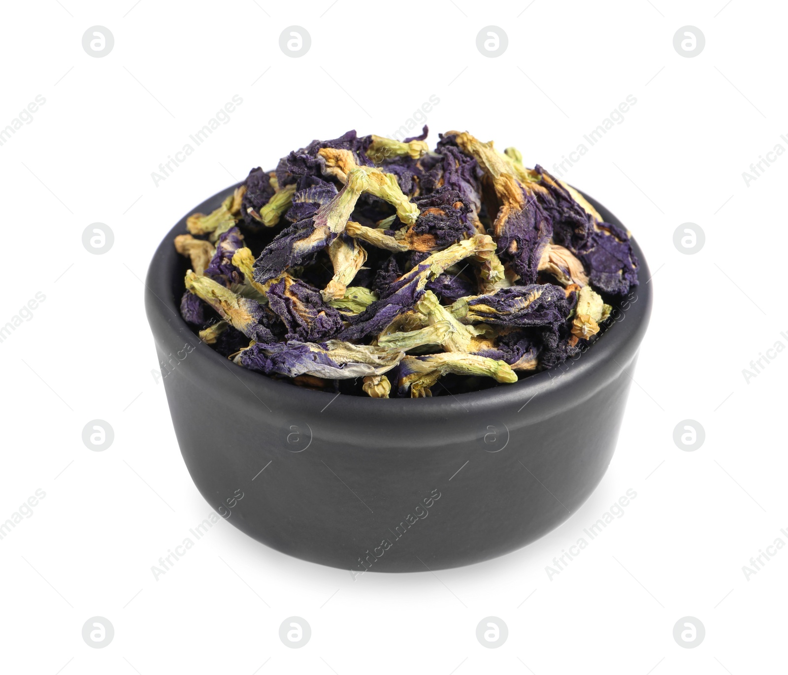 Photo of Organic blue Anchan in bowl on white background. Herbal tea