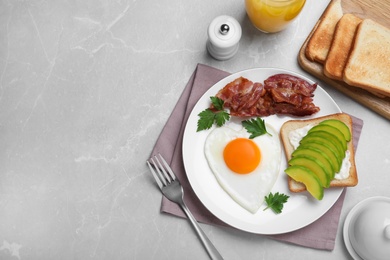 Romantic breakfast on light grey table, flat lay with space for text. Valentine's day celebration