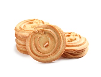 Photo of Tasty Danish butter cookies isolated on white