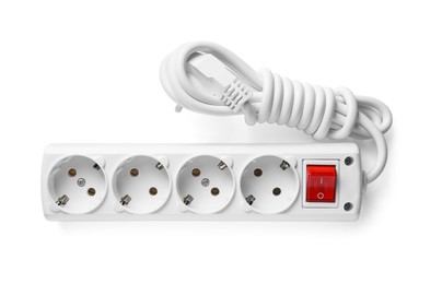 Photo of Power strip isolated on white, top view. Electrician's equipment