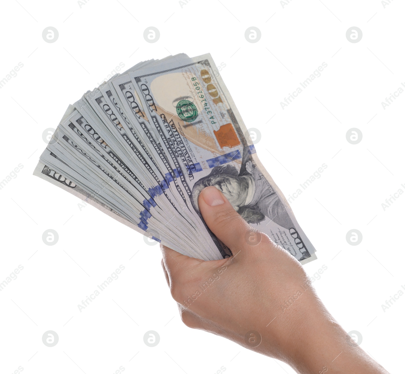 Photo of Money exchange. Woman holding dollar banknotes on white background, closeup