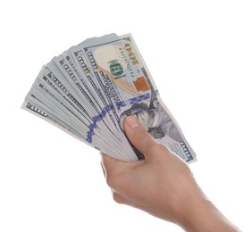 Money exchange. Woman holding dollar banknotes on white background, closeup