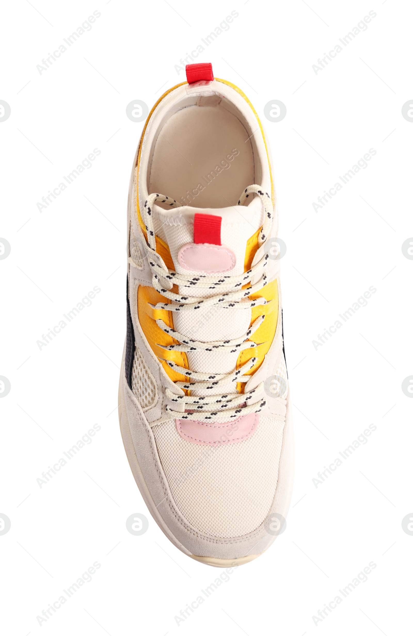 Photo of Comfortable modern sports shoe on white background, top view