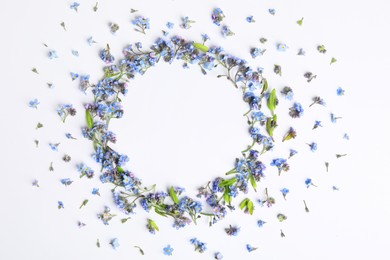 Round frame of beautiful forget-me-not flowers on white background, top view. Space for text