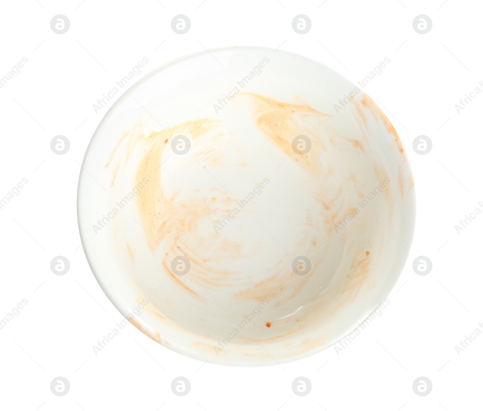 Photo of Dirty dish on white background, top view. Household chores