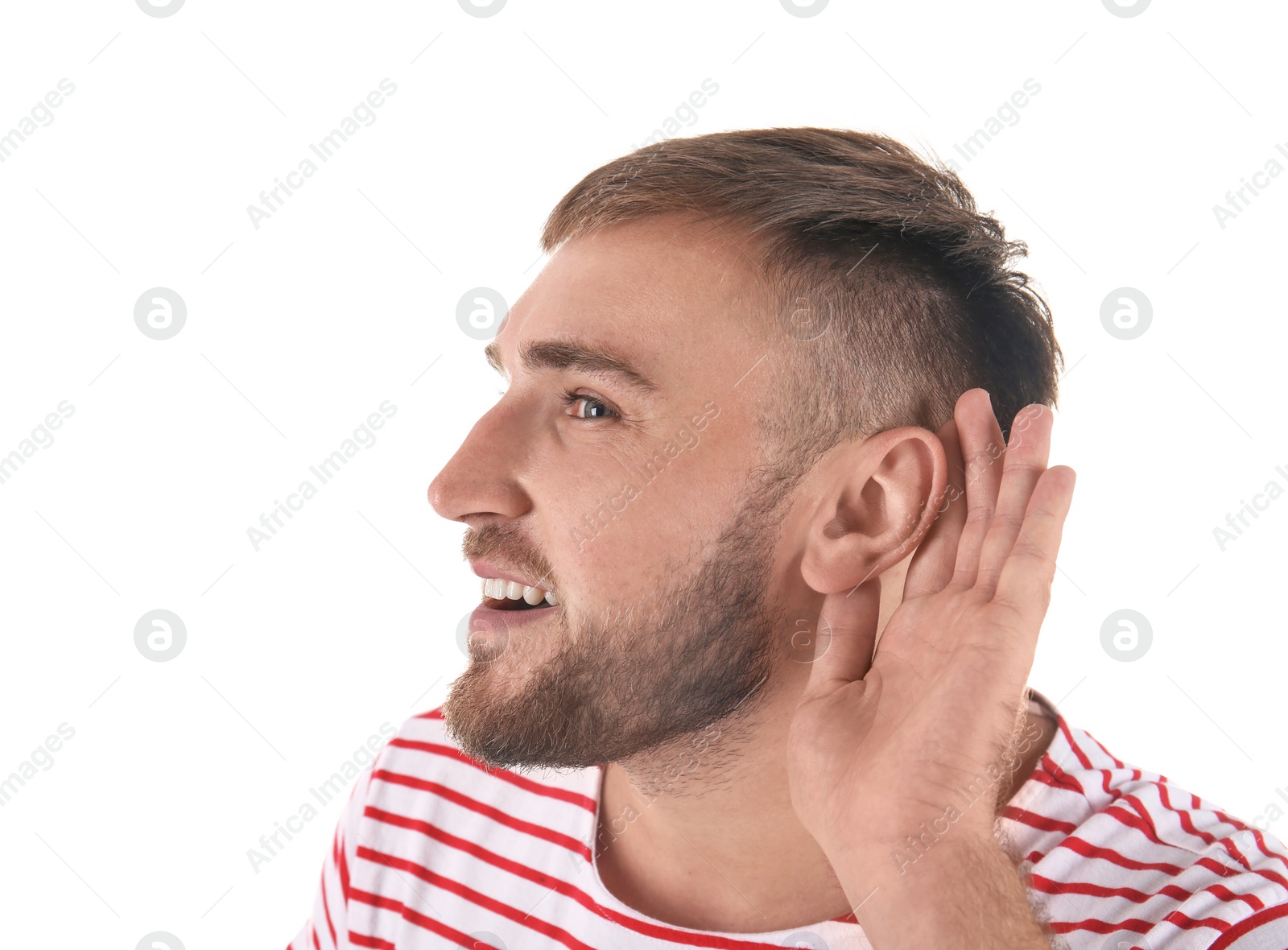 Photo of Young man with hearing problem on white background