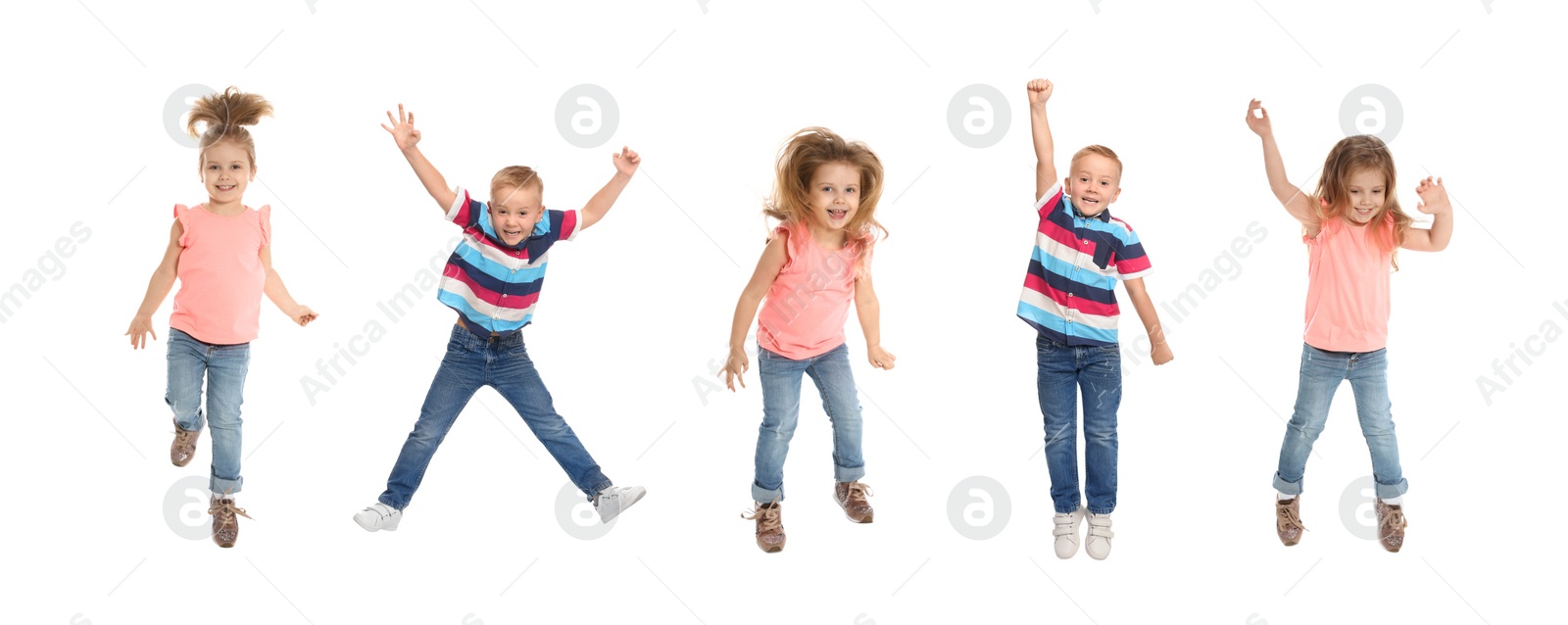 Image of Collage of jumping schoolchildren on white background. Banner design