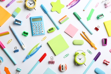 Photo of School stationery on white background, flat lay. Back to school