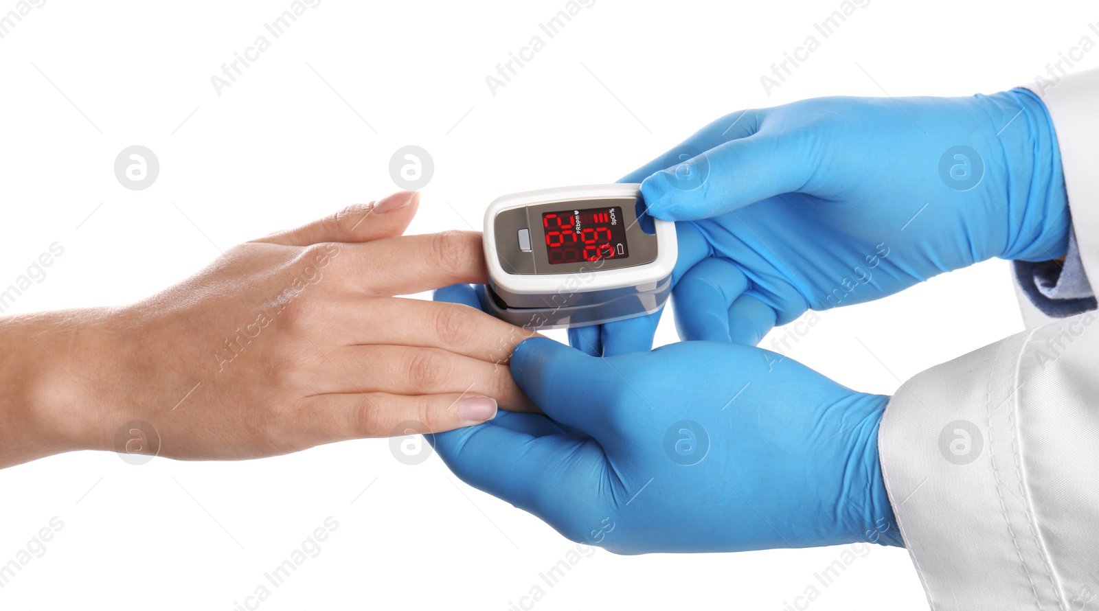 Photo of Doctor checking patient's oxygen level with pulse oximeter on white background, closeup