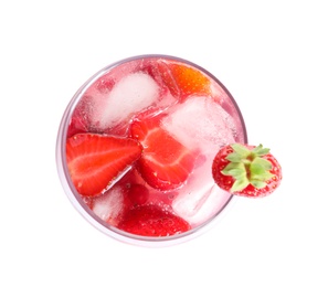 Photo of Glass of natural lemonade with berries on white background, top view