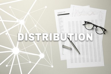 Distribution. Documents, fountain pen and glasses on beige table, top view