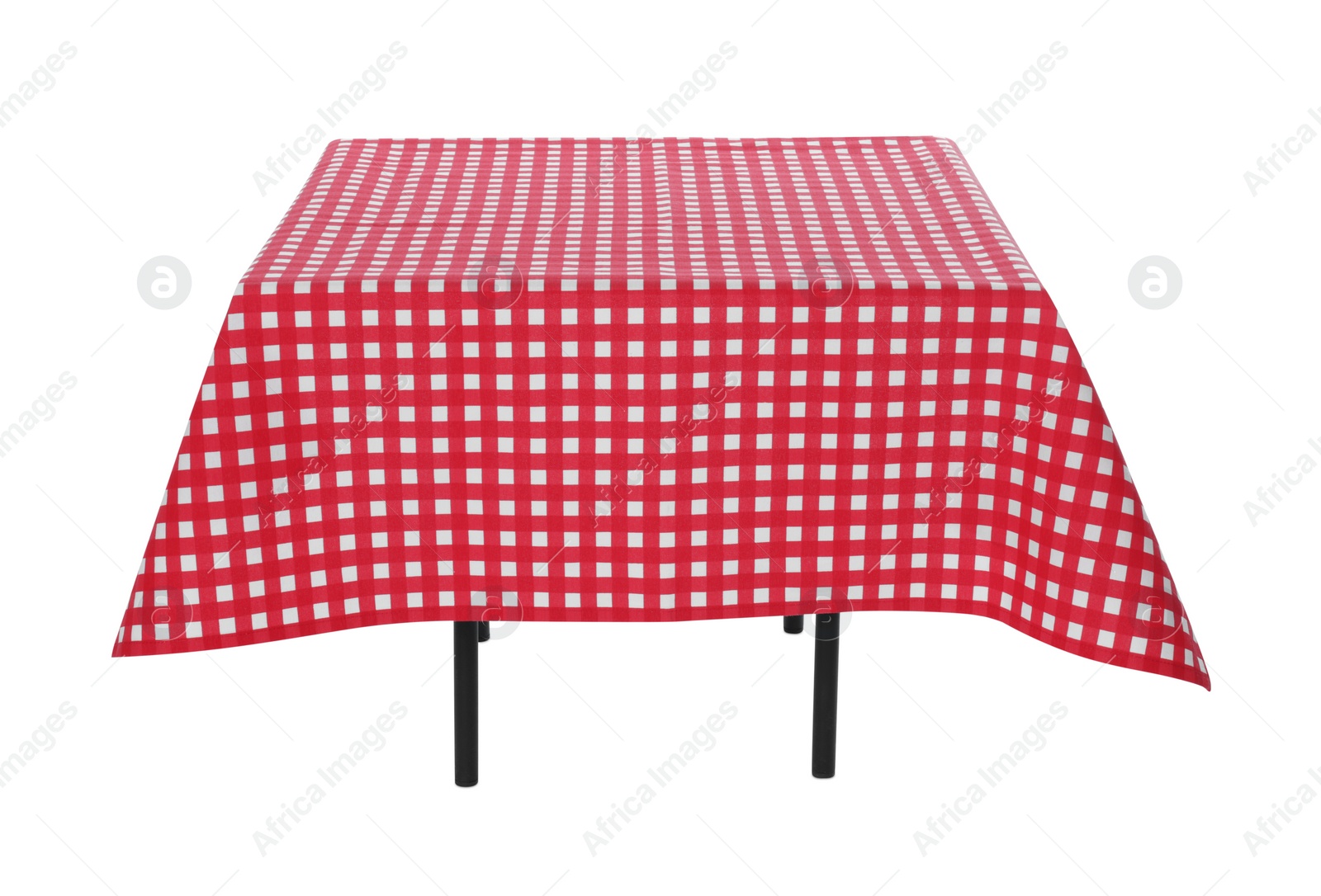 Photo of Table with red checkered tablecloth isolated on white