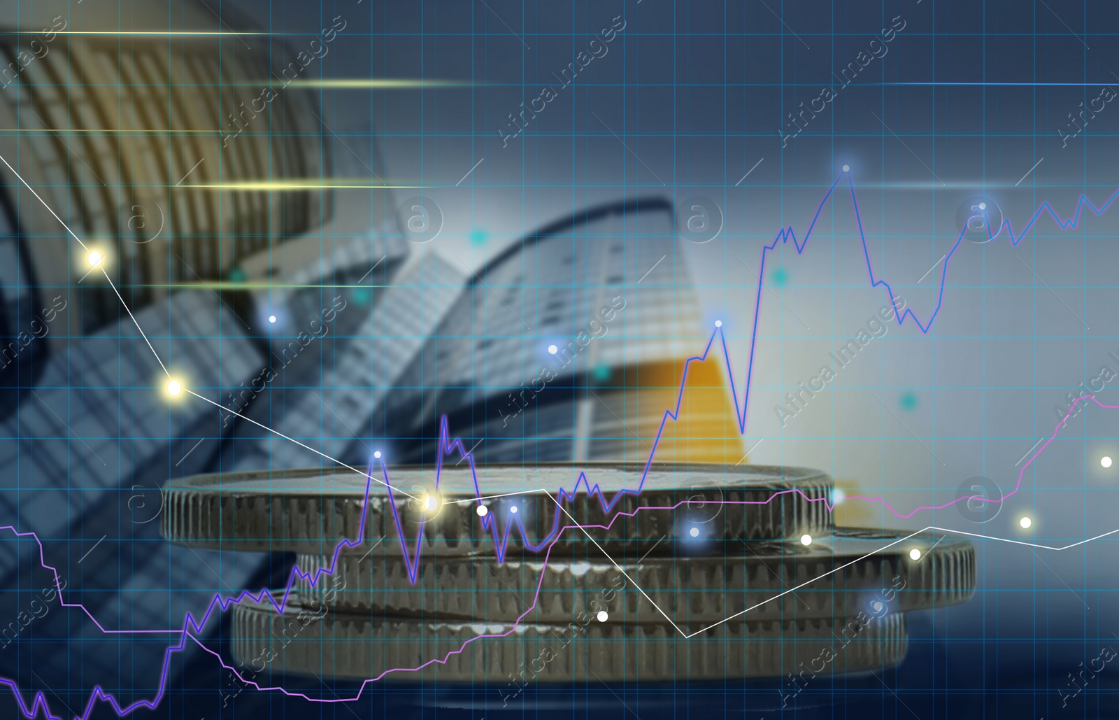 Image of Investment concept. Coins and cityscape, double exposure