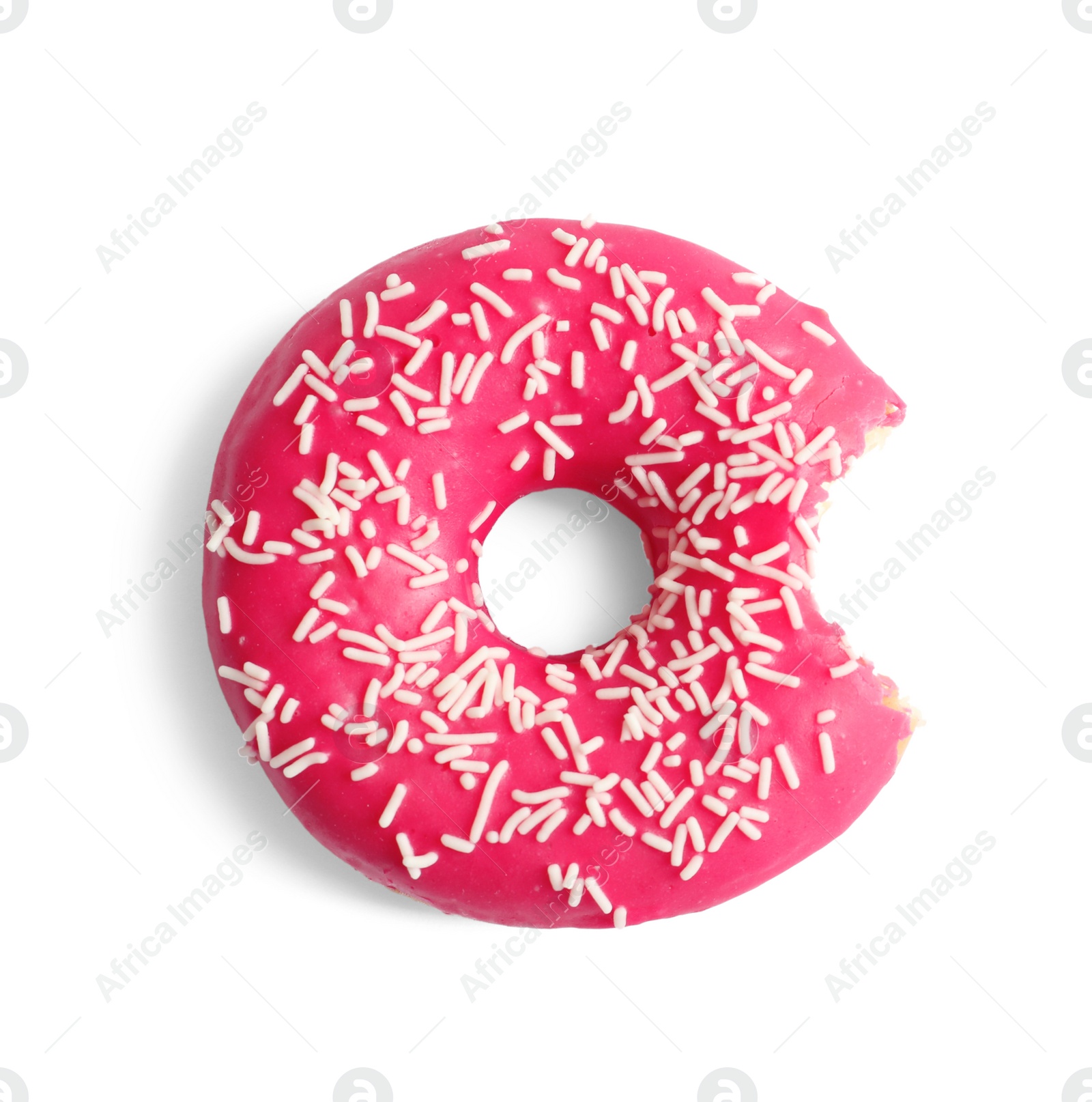 Photo of Delicious bitten doughnut with sprinkles on light background