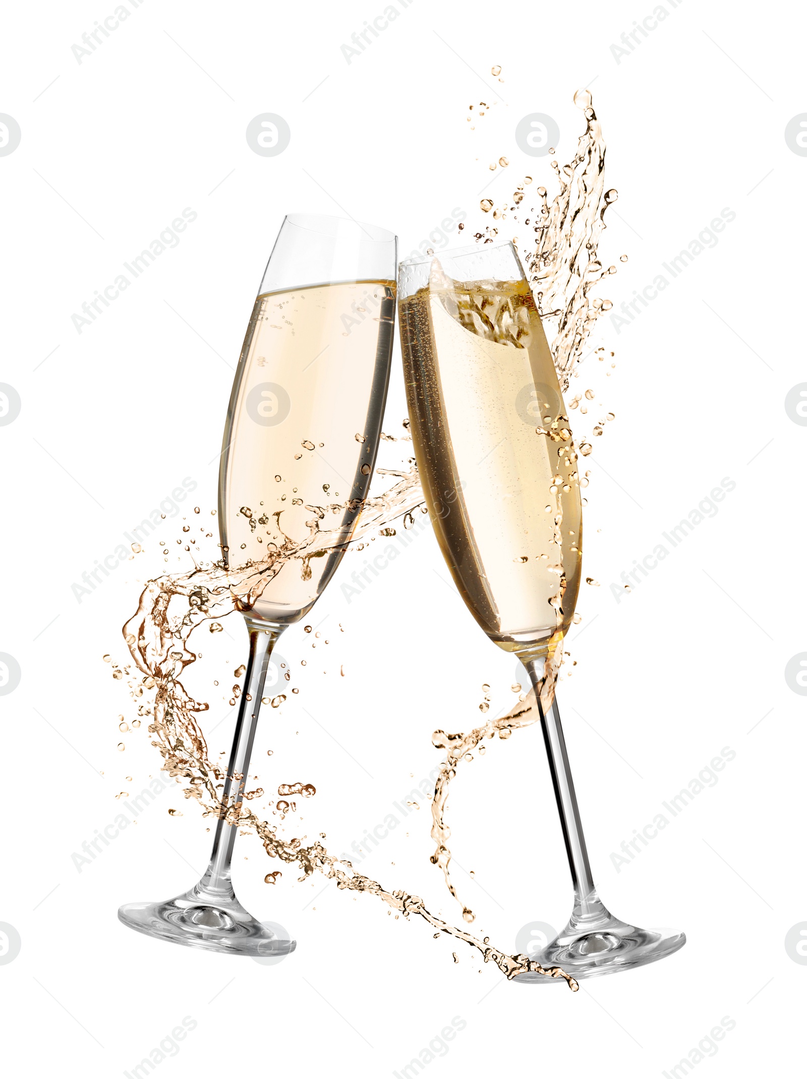 Image of Glasses with sparkling wine and splashes on white background