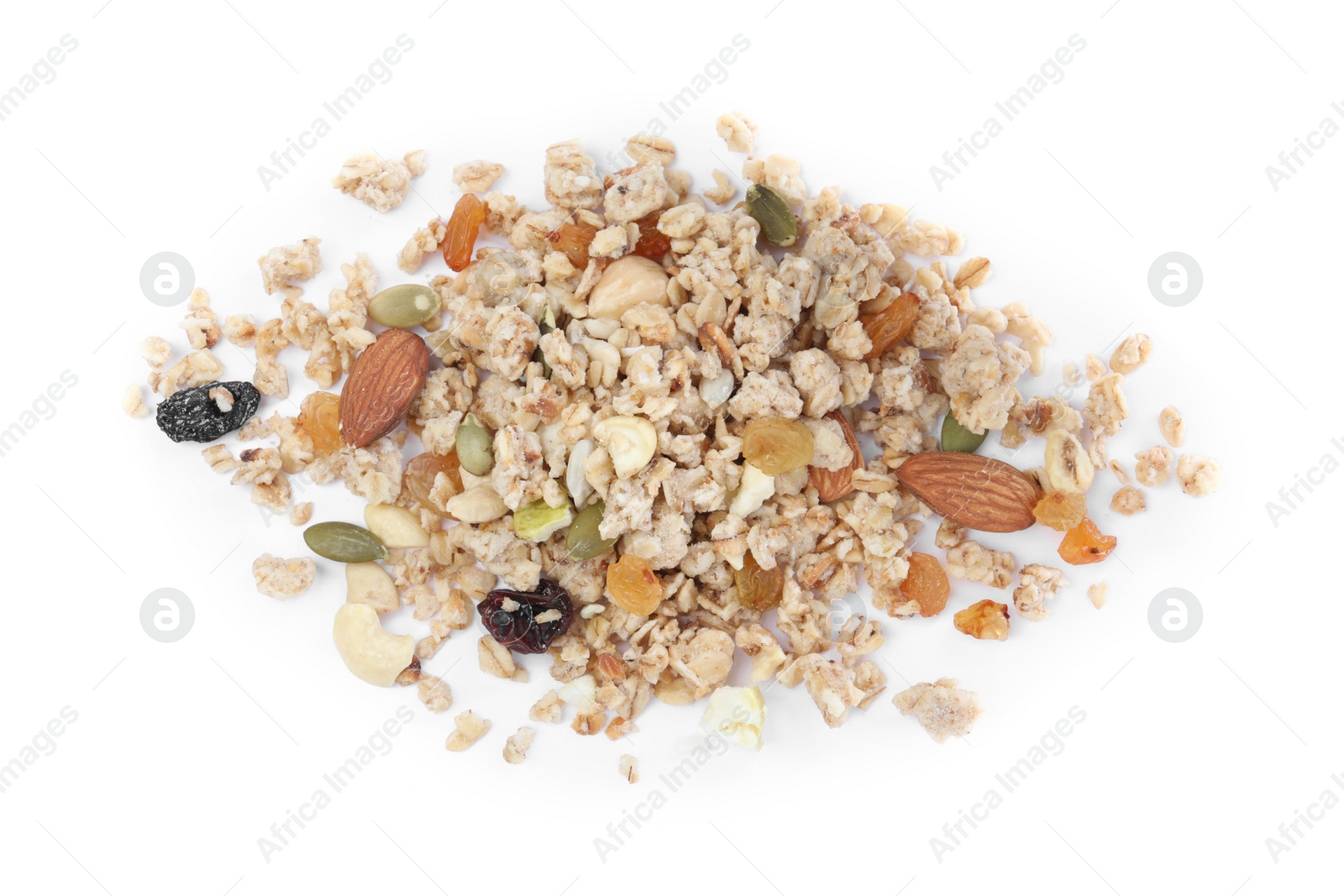 Photo of Pile of granola on white background, top view. Healthy snack