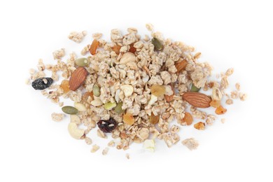 Photo of Pile of granola on white background, top view. Healthy snack