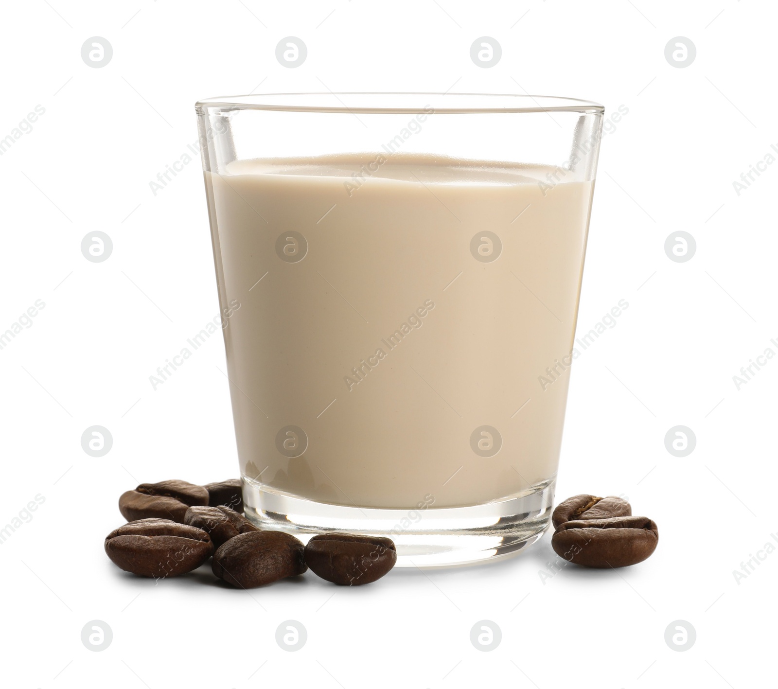 Photo of Glass of coffee cream liqueur and beans isolated on white