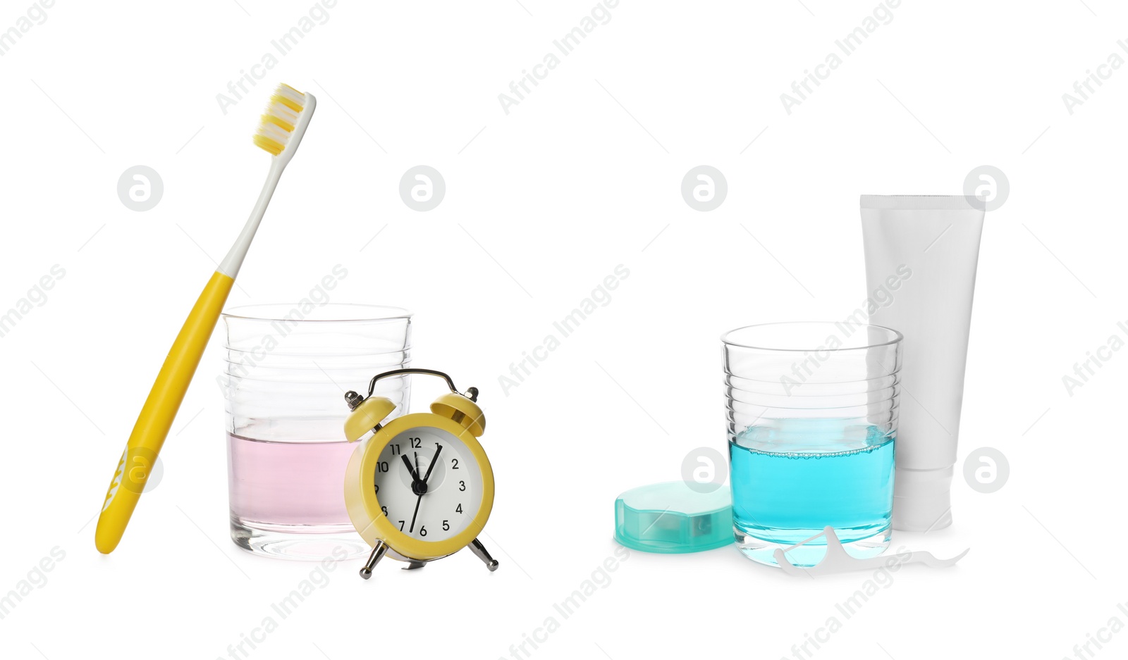 Image of Bottles of mouthwash and other items for teeth care on white background, collage. Banner design