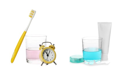 Bottles of mouthwash and other items for teeth care on white background, collage. Banner design