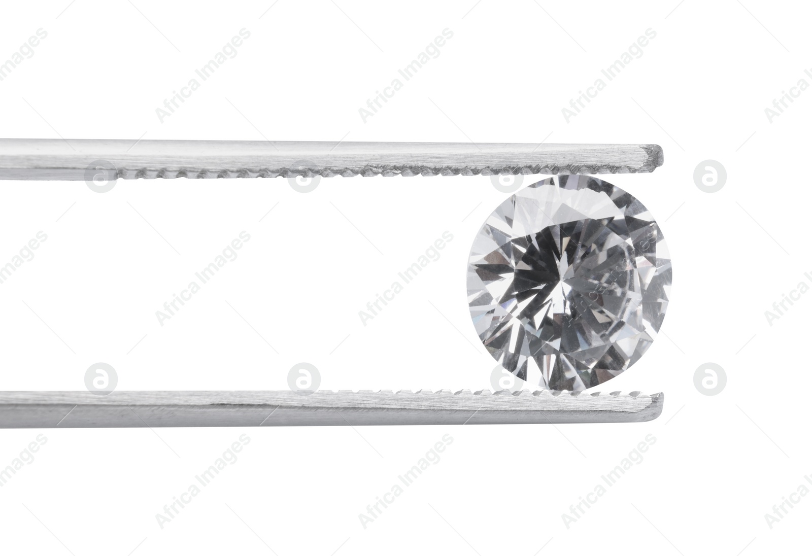 Photo of Tweezers with beautiful shiny diamond isolated on white