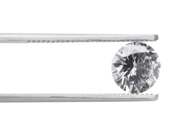 Photo of Tweezers with beautiful shiny diamond isolated on white