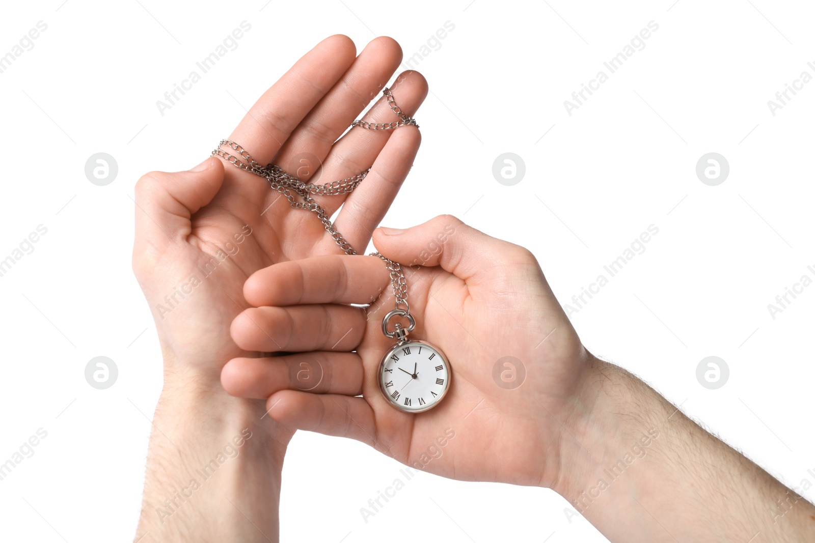 Photo of Man holding chain with elegant pocket watch on white background, closeup