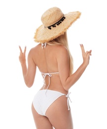 Photo of Young woman wearing stylish bikini on white background