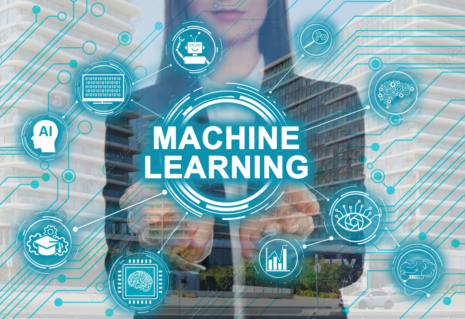 Image of Woman demonstrating machine learning model with linked icons and cityscape on background, closeup