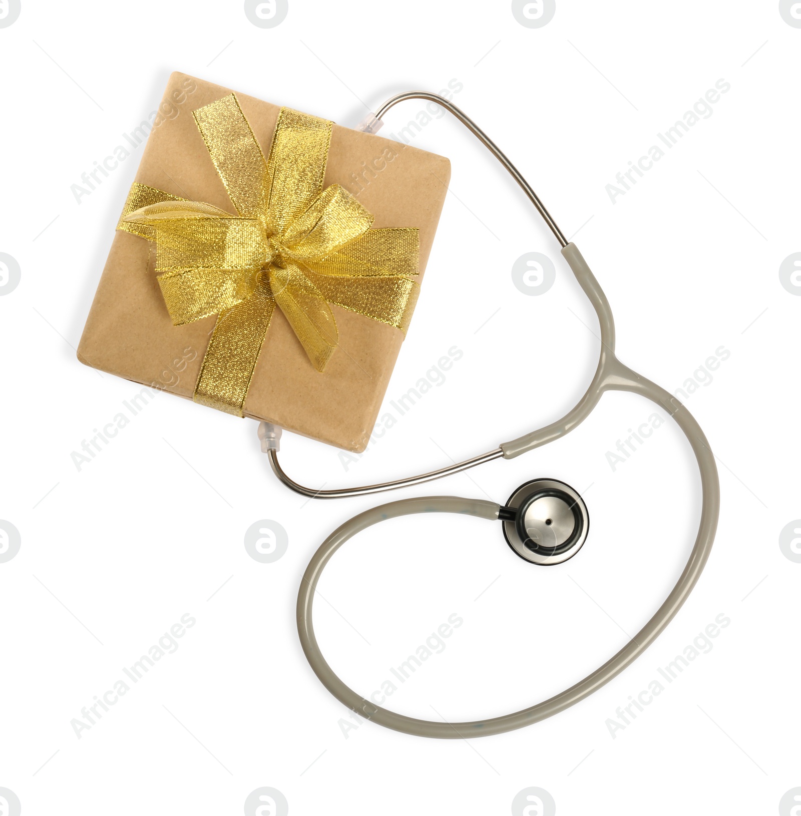 Photo of Stethoscope and gift box on white background, flat lay. Happy Doctor's Day