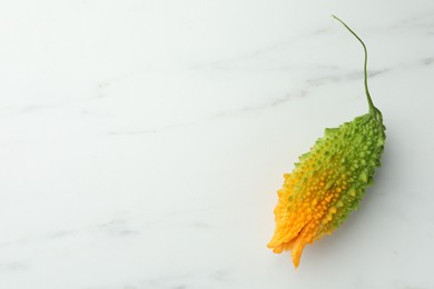 Bitter melon on white marble table, top view. Space for text