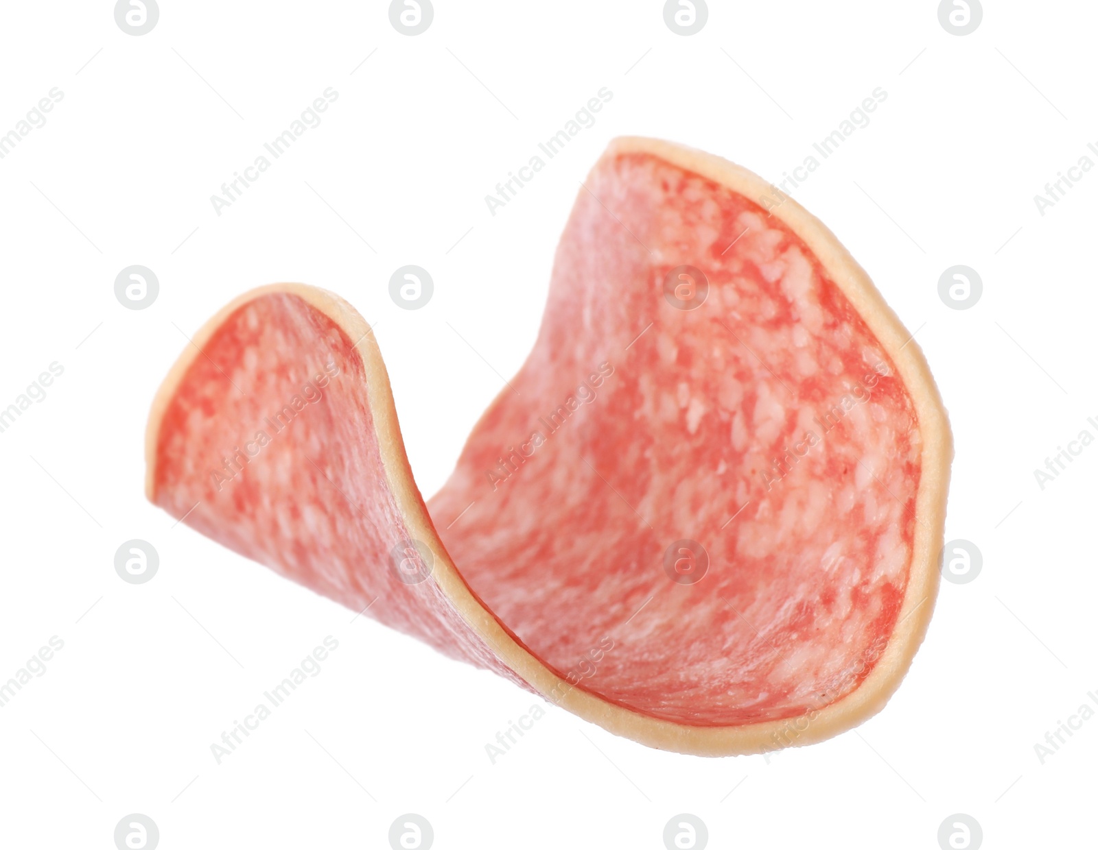 Photo of Piece of salami smoked sausage isolated on white