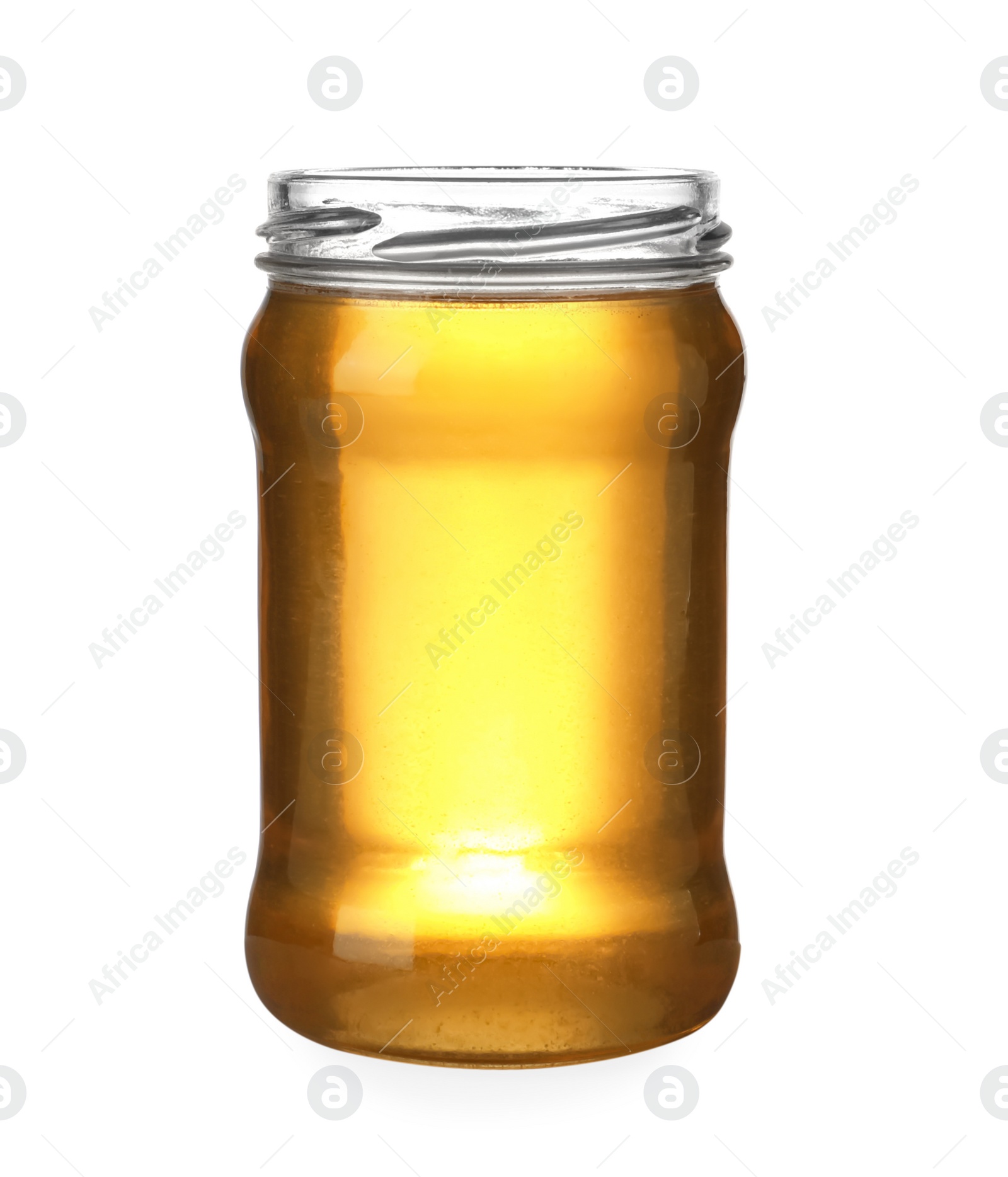 Photo of Jar with organic honey isolated on white