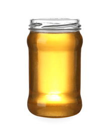 Jar with organic honey isolated on white