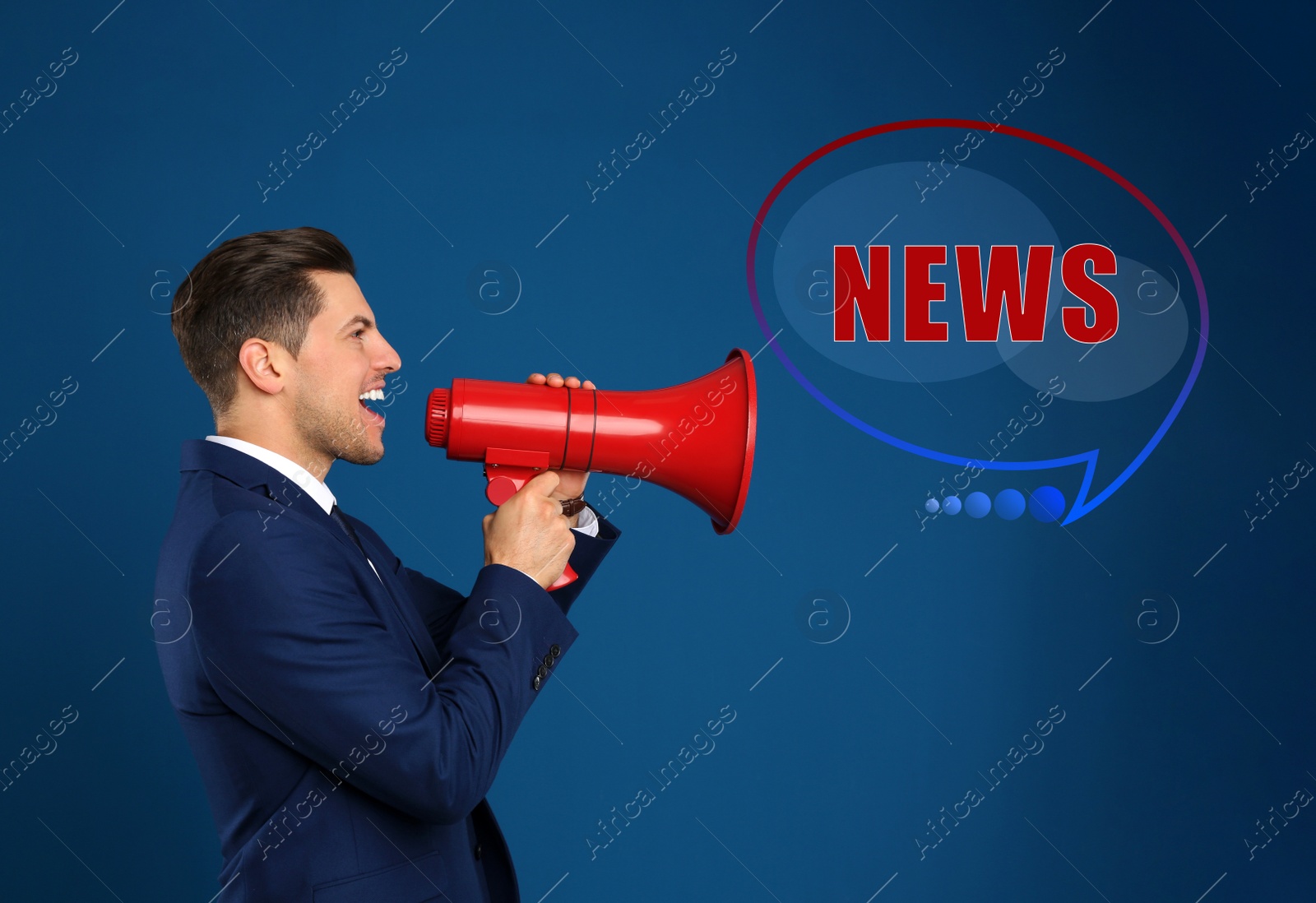 Image of Handsome man with megaphone on blue background