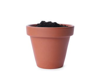 Photo of Stylish terracotta flower pot with soil isolated on white