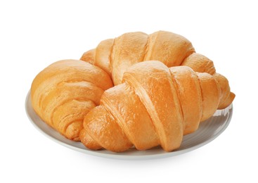 Photo of Plate with delicious fresh croissants isolated on white