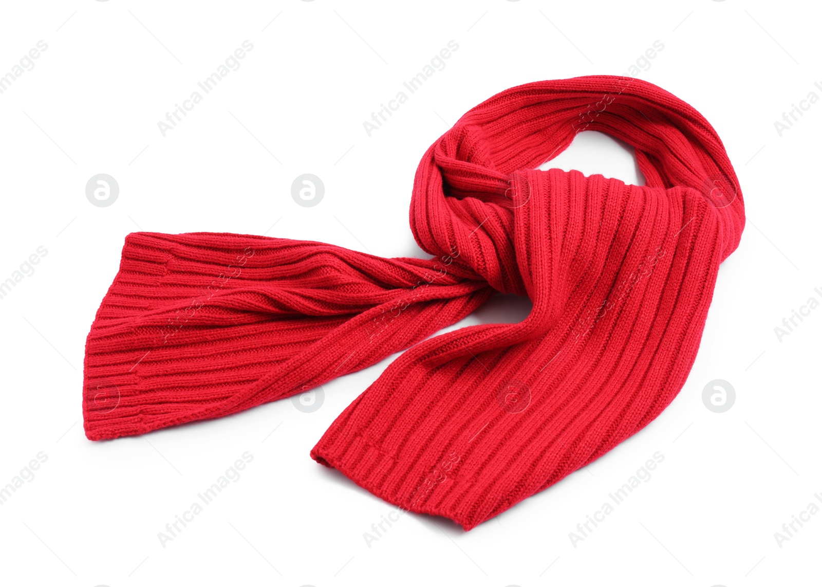 Photo of One red knitted scarf on white background