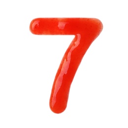 Number 7 written with red sauce on white background