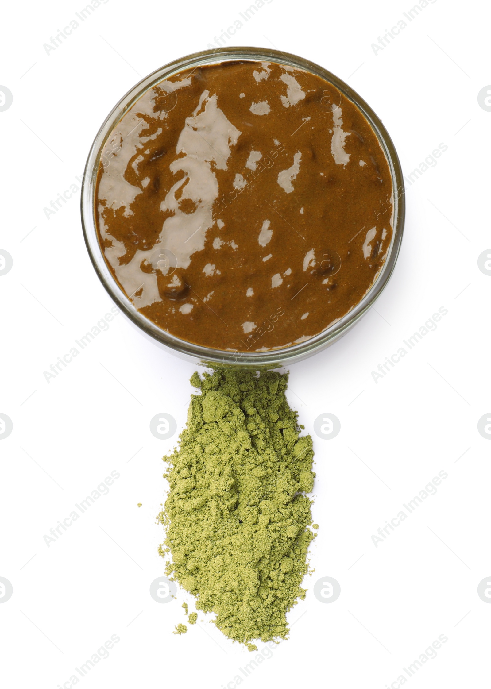 Photo of Henna paste and powder isolated on white, top view