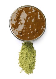 Photo of Henna paste and powder isolated on white, top view