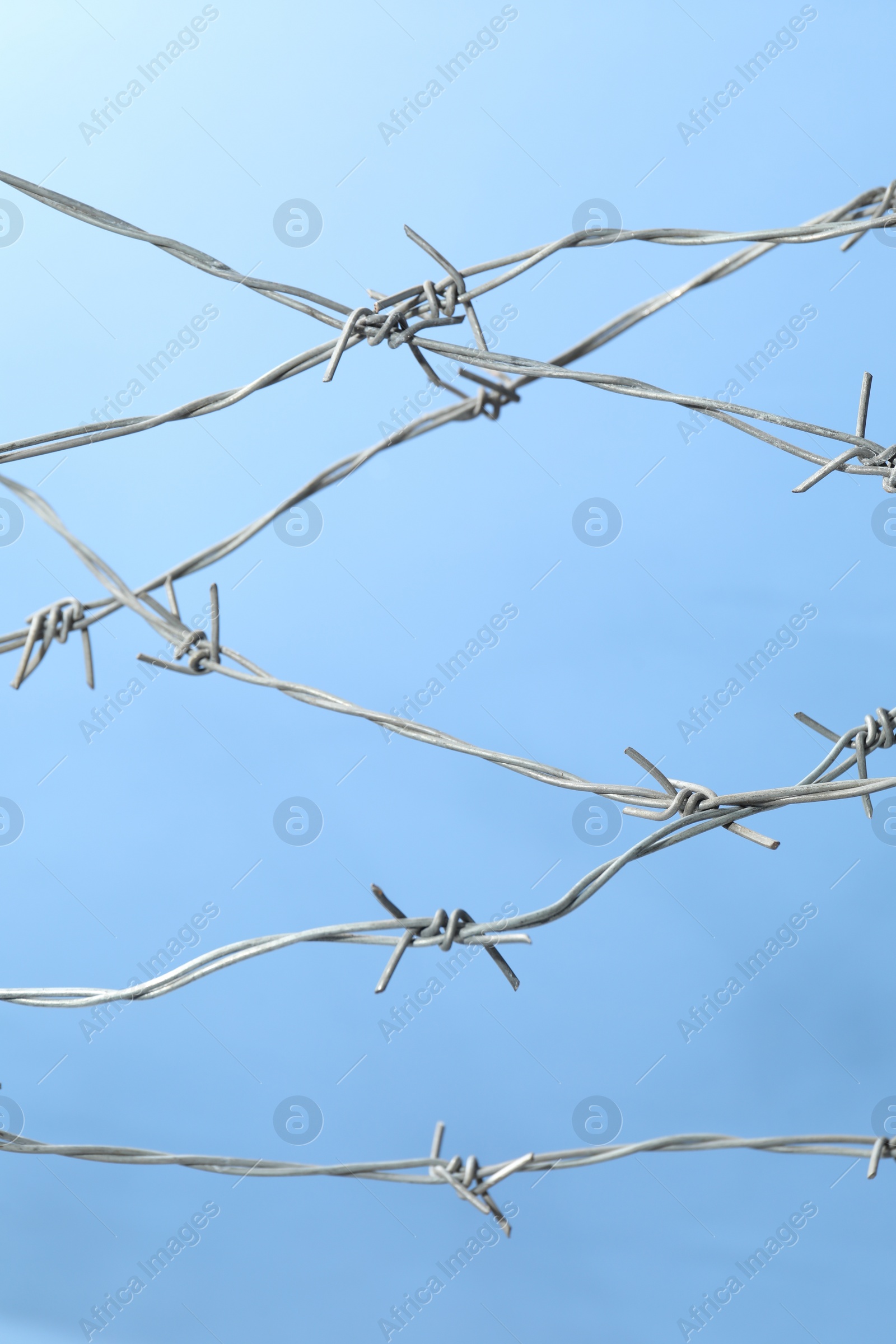 Photo of Metal barbed wire on light blue background