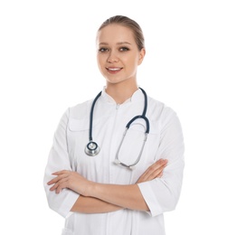 Photo of Portrait of medical doctor with stethoscope isolated on white